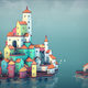 An idyllic town floats in the water in Townscaper.
